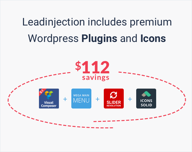 Leadinjection includes premium WordPress Plugins and Icons: Visual Composer, Slider Revolution, Mega Main Menu, Icons Solide