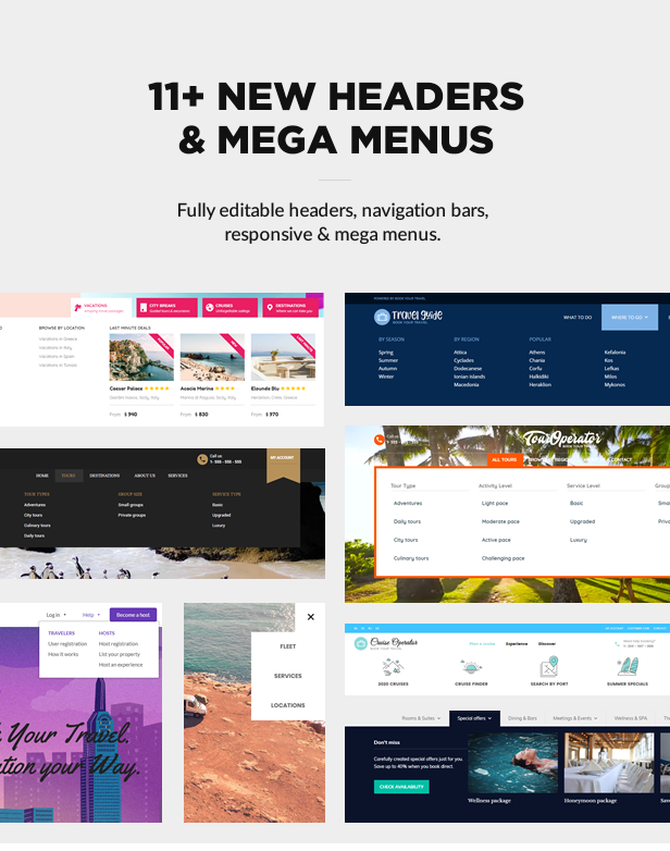 Header layouts and mega menus