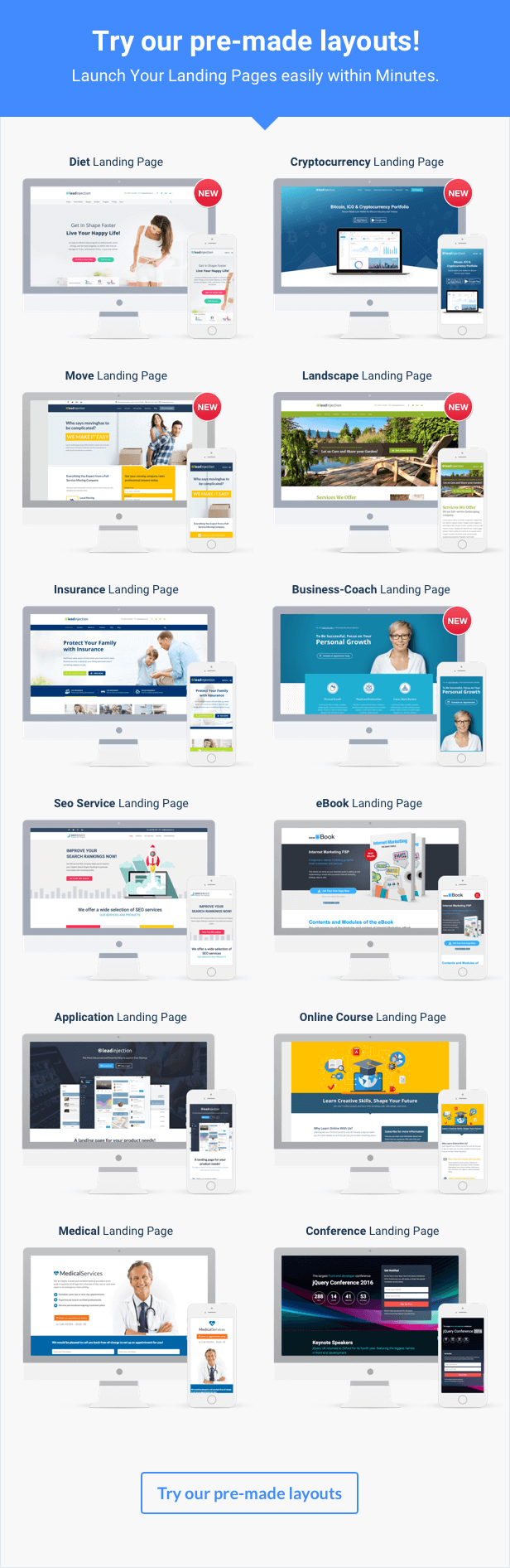 Pre made Layouts: Insurance, Seo Agency, eBook, Online Course, Application, Conference, Medical Service