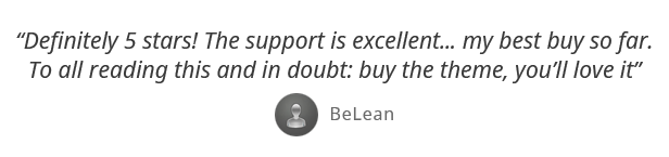 Definitely 5 stars! The support is excellent... my best buy so far. To all reading this and in doubt: buy the theme, youll love it. - BeLean