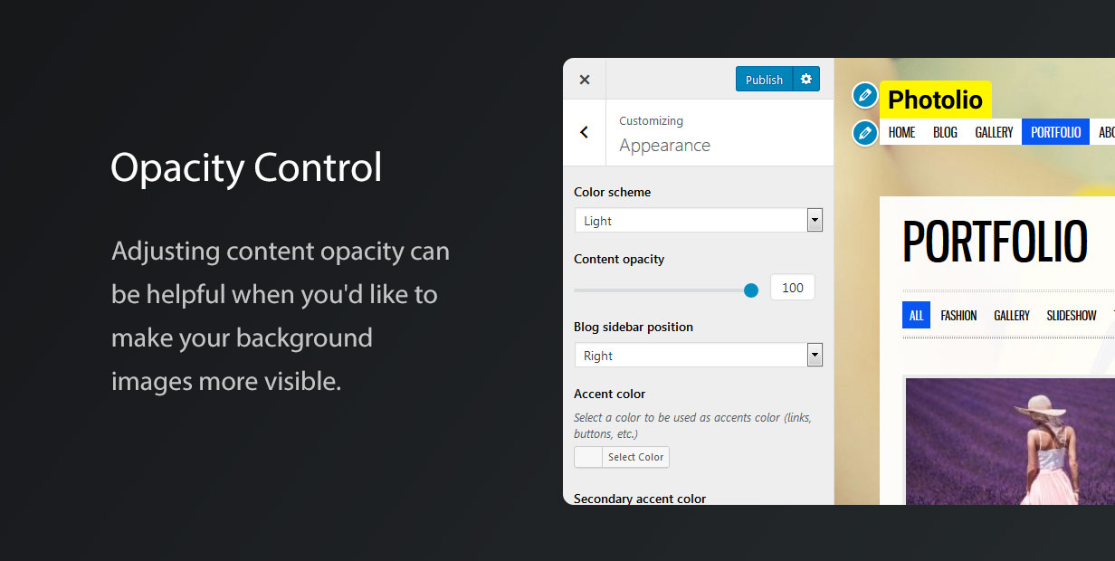 Photolio WordPress Theme Opacity Control