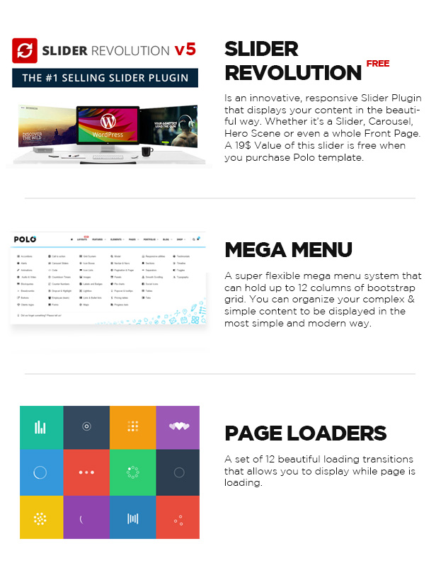 SLIDER REVOLUTION, MEGA MENU, PAGE LOADERS