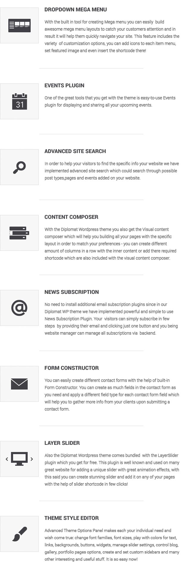 website template features list