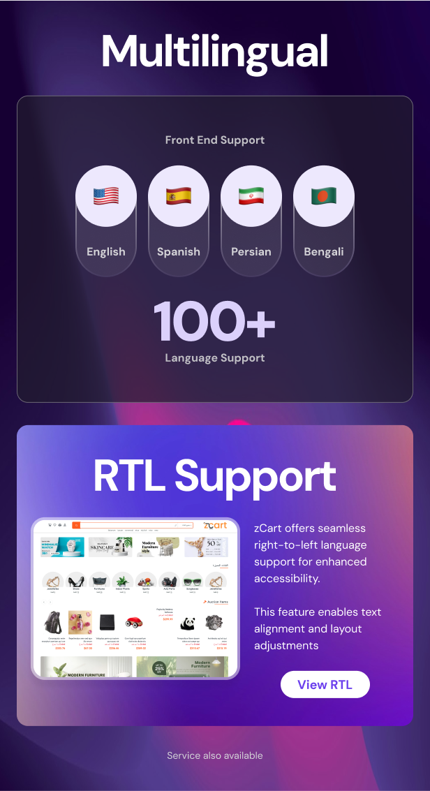 100 plus language support on zCart and RTL language support