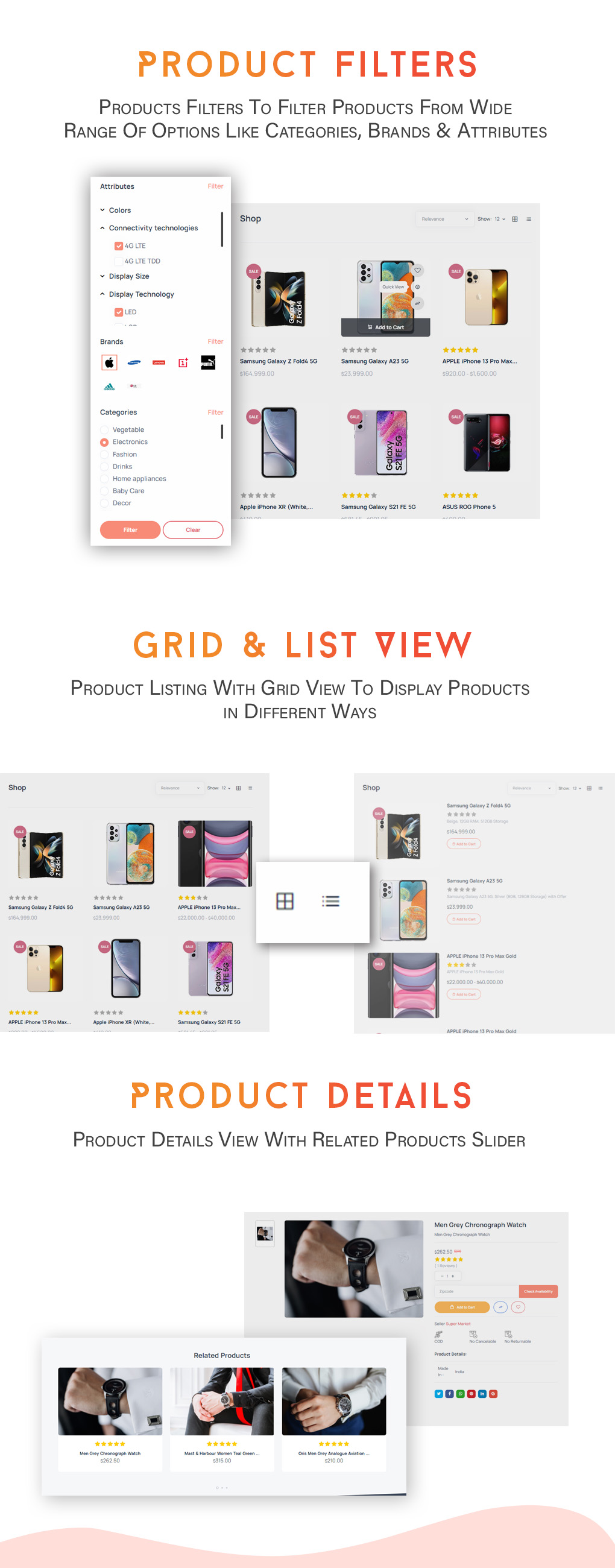 Product Filters, Grid & List View - eShop website for Multi vendor ecommerce marketplace / CMS