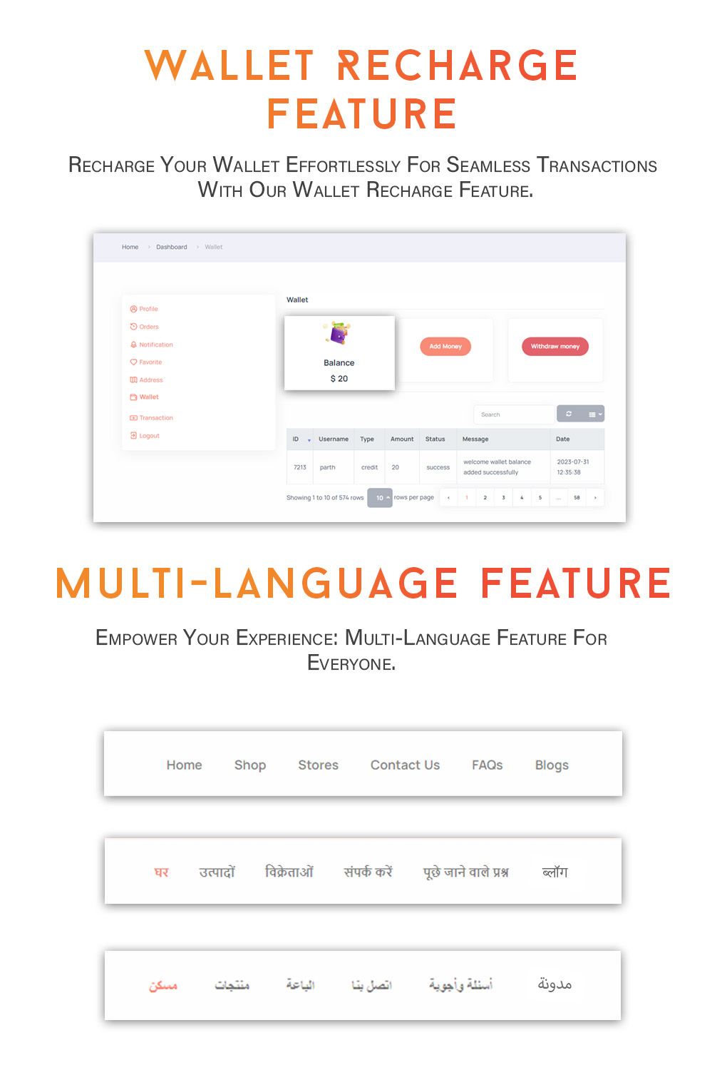 Multi Language & Wallet Recharge features - eShop website Multi vendor ecommerce marketplace / CMS