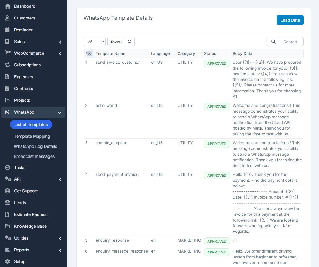 WhatsApp module templates for Perfex CRM
