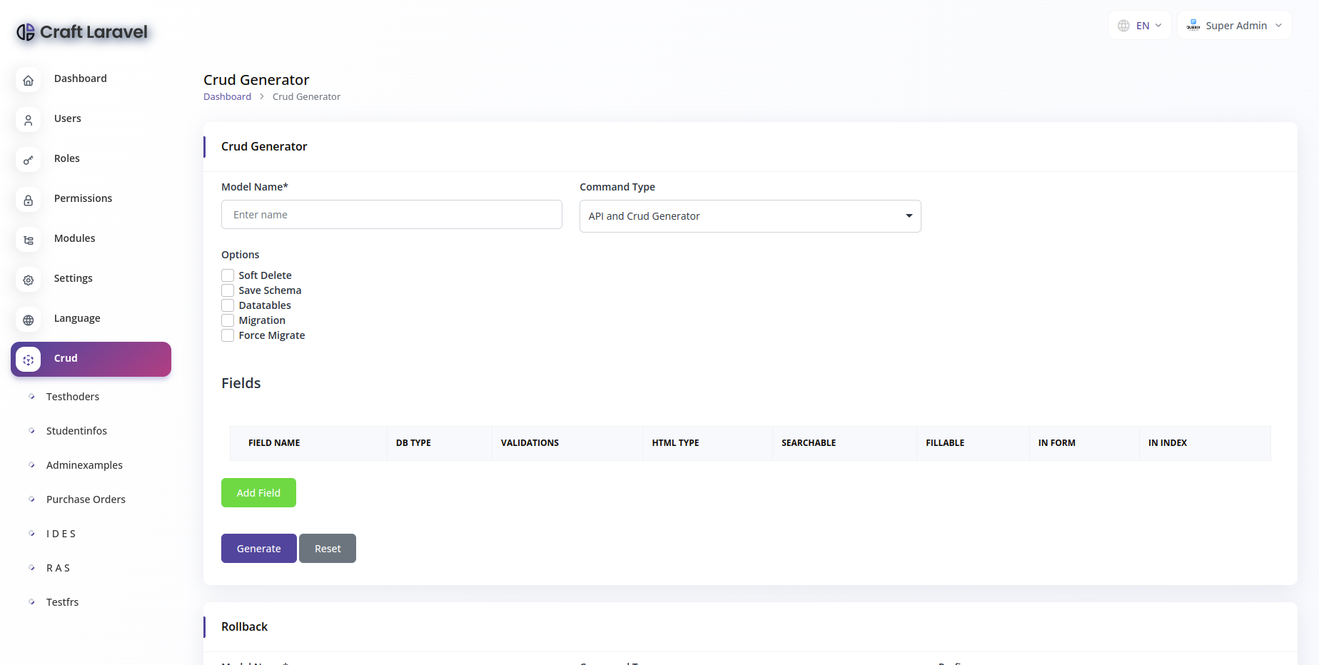Craft Laravel Admin Panel - CRUD builder, Users, Role, Permissions & Settings - 5